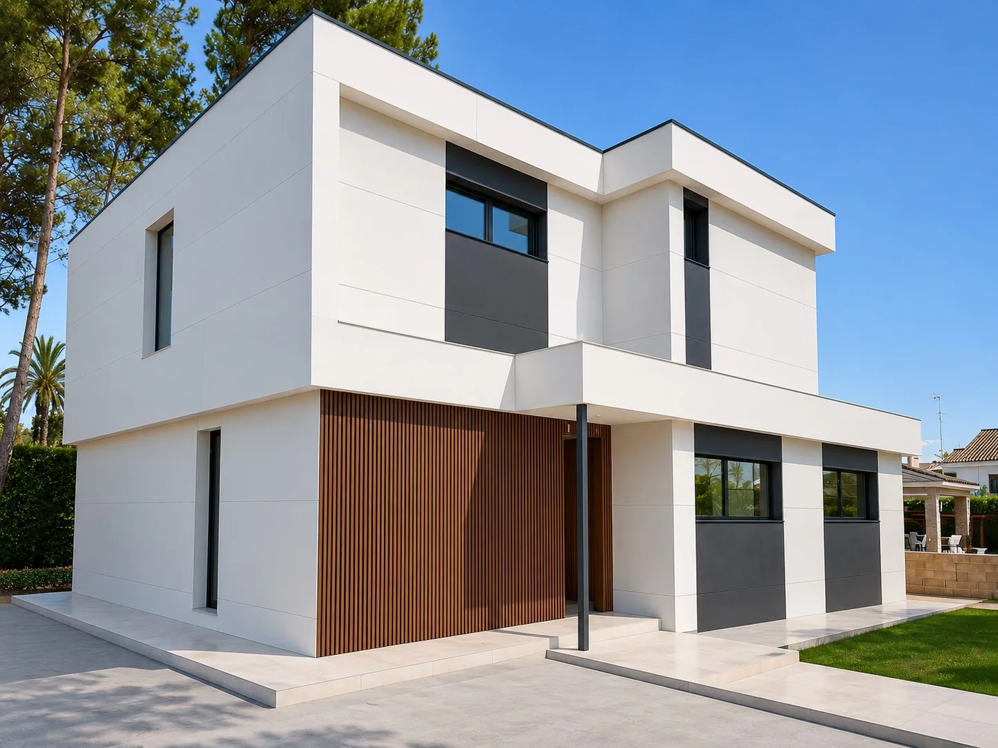 Fachada principal de la Homi La Eliana con gran celosía de lamas de madera